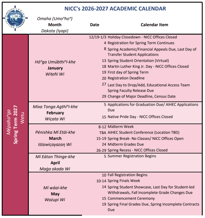 NICC Spring 2027 Calendar image preview