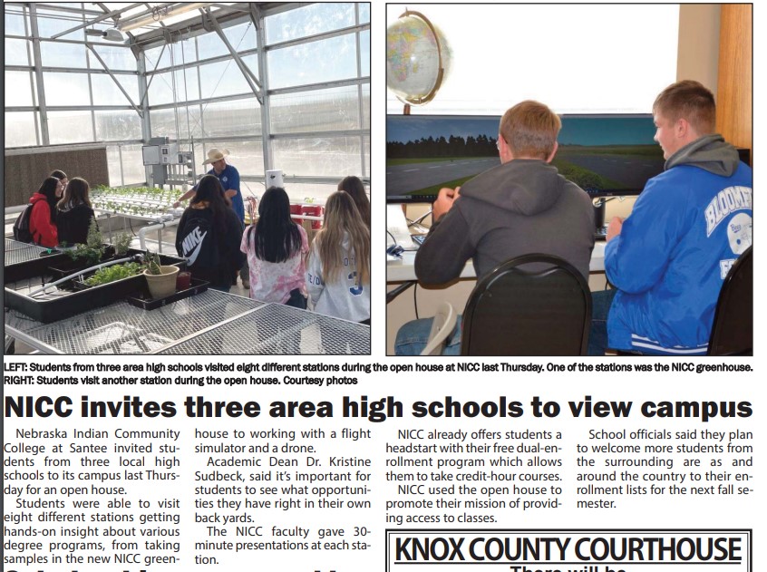 NICC’s Greenhouses Manager Russell Montgomery is pictured in his natural element in the left photo; local high school students fire up NICC’s drone simulator in the right photo.